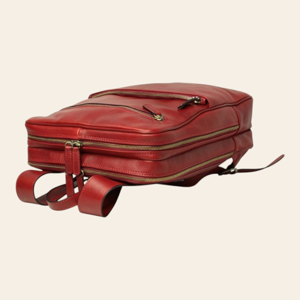 Zaino in pelle rosso con tasca frontale e cerniere