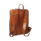 Zaino in pelle cognac con fibbie e cinturini anteriori, tasca frontale con zip