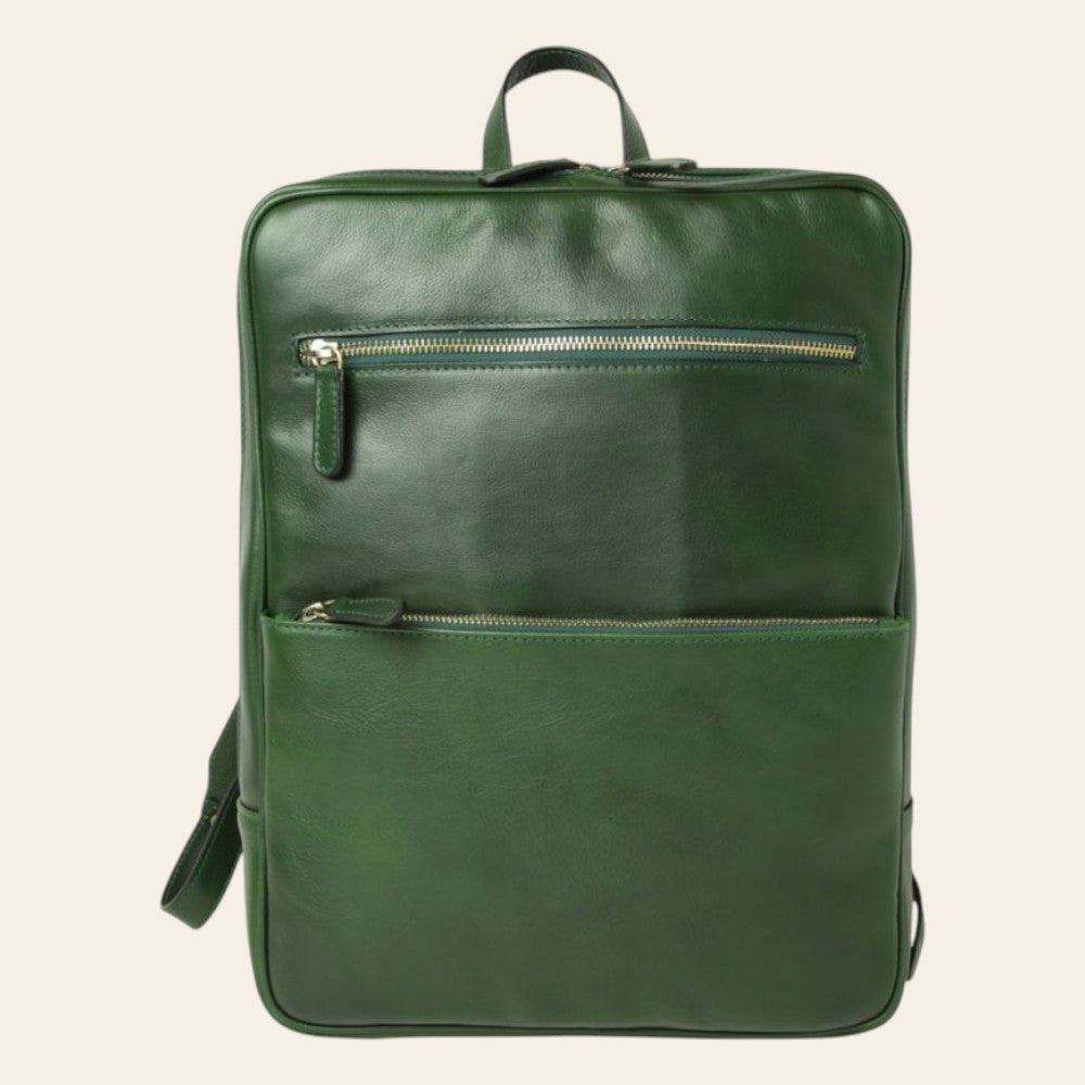 Zaino in pelle verde con doppia zip frontale e passante laterale per tracolla