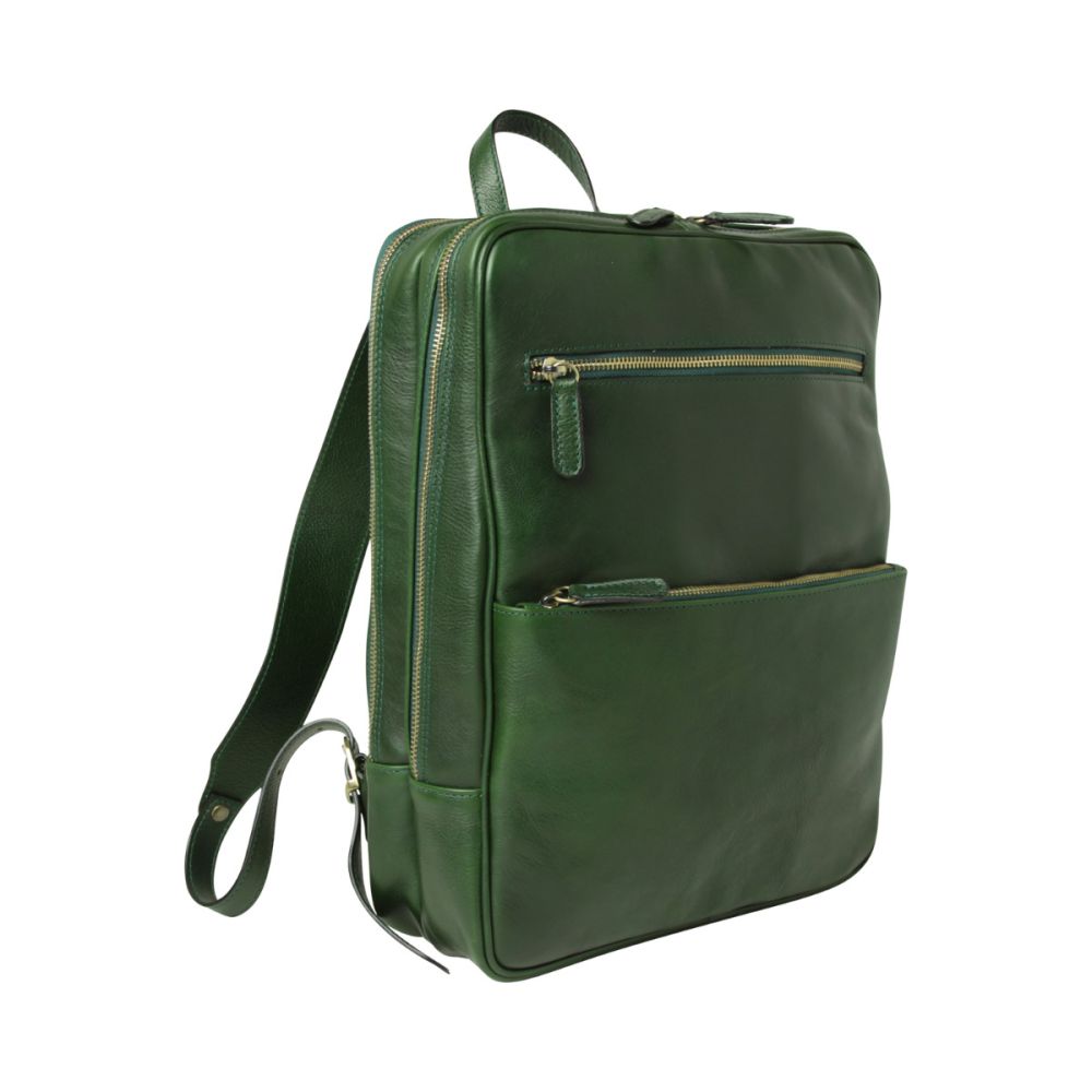 Zaino in pelle verde con fascia trolley e zip frontale