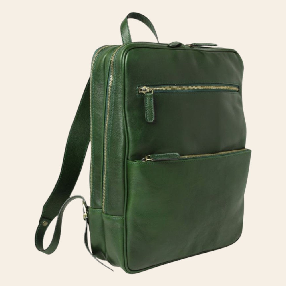 Zaino in pelle verde con fascia trolley e zip frontale