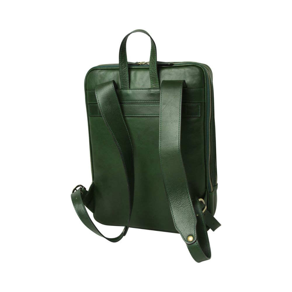 Zaino in pelle verde con manico e tracolla, tasche anteriori con zip