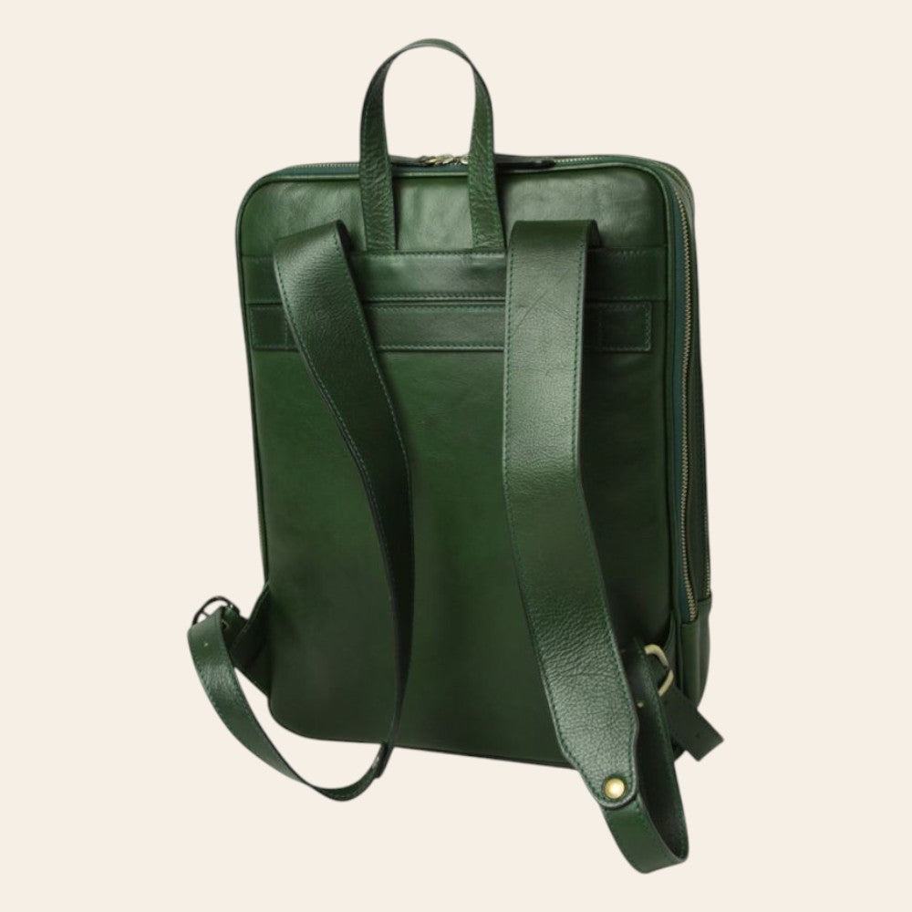 Zaino in pelle verde con manico e tracolla, tasche anteriori con zip