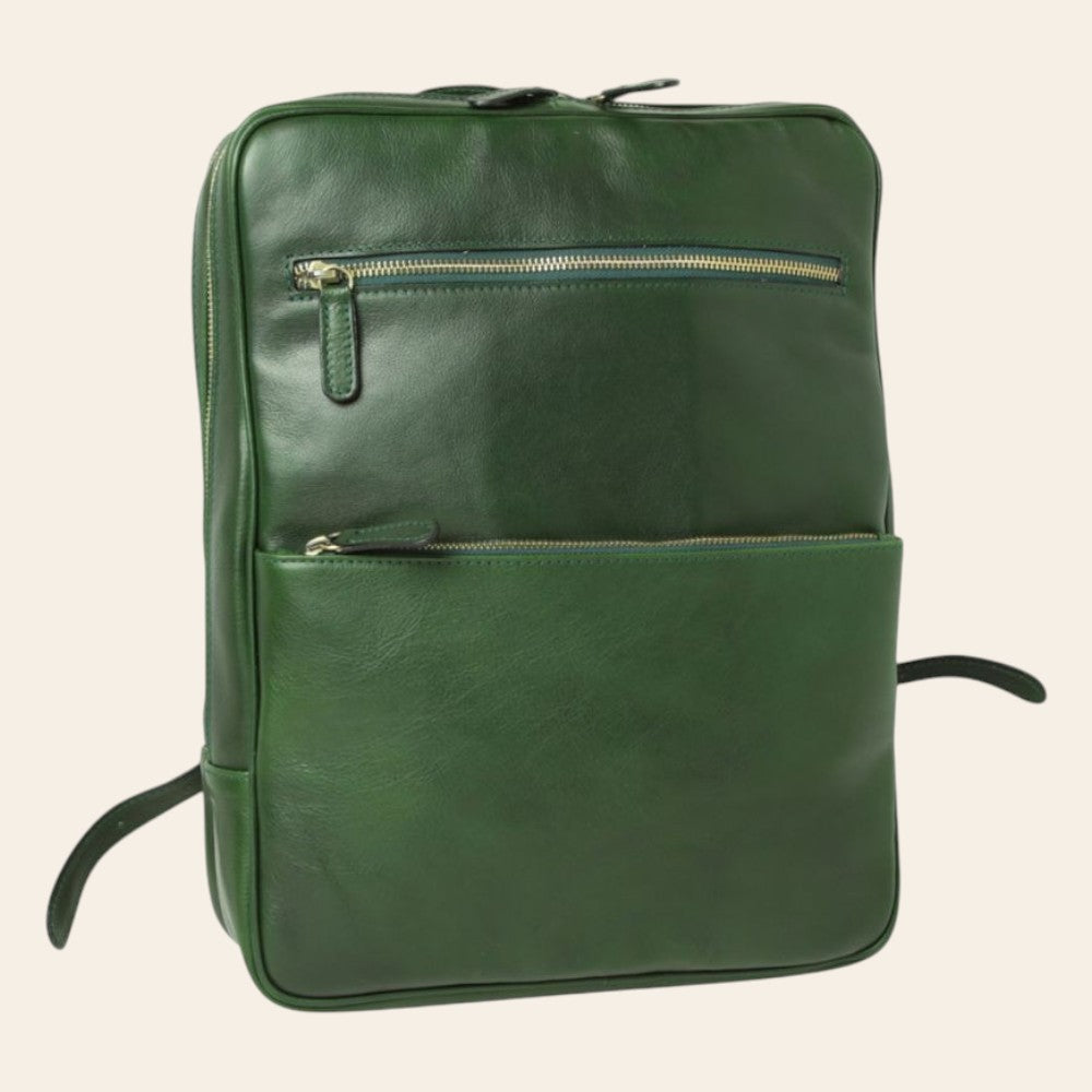 Zaino in pelle verde con tasca superiore con zip e fascia trolley