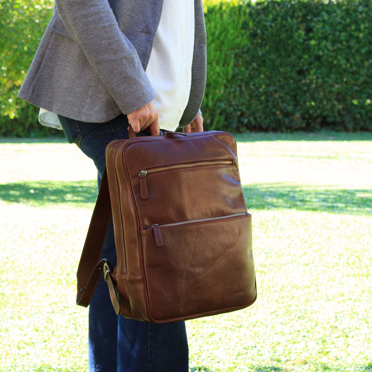 Zaino in pelle con fascia per trolley-Marrone