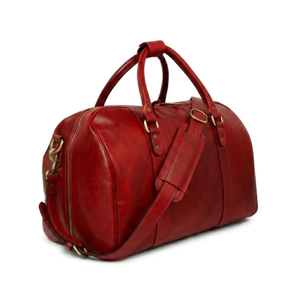 Borsone da viaggio in pelle rossa con tracolla e zip laterale, finiture in ottone