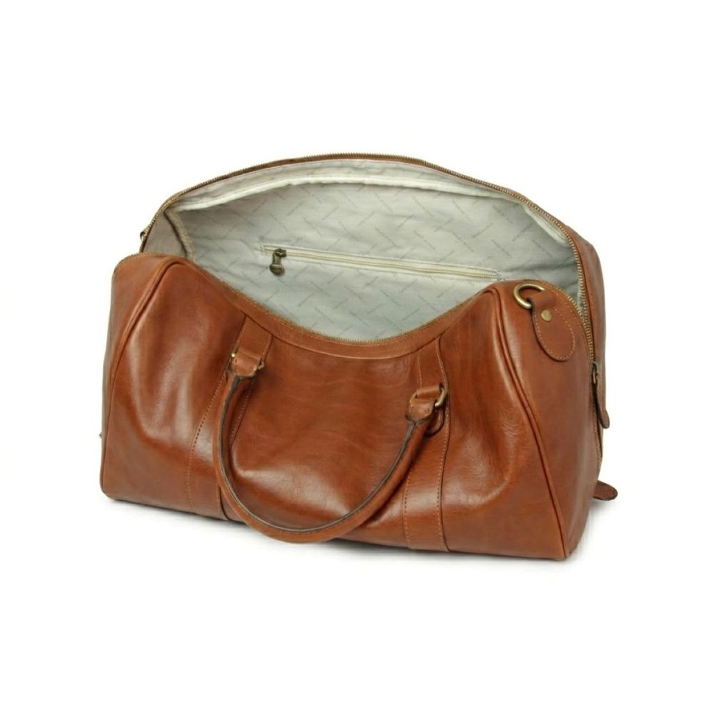 Borsone in pelle teak con zip, interno chiaro e struttura arrotondata