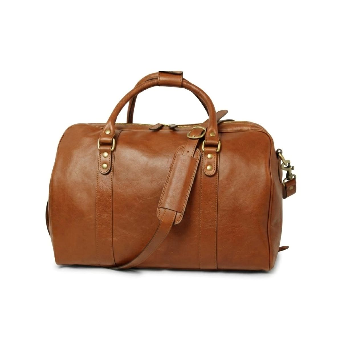 Borsa da viaggio in pelle marrone con manici e tracolla regolabile, chiusura lampo.