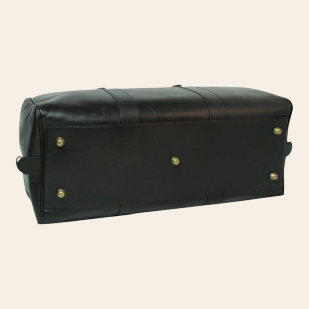 Borsone grande in pelle nera con angoli arrotondati, borchie decorative e fibbie