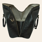 Borsone grande in pelle nera con zip frontale, manici e tracolla
