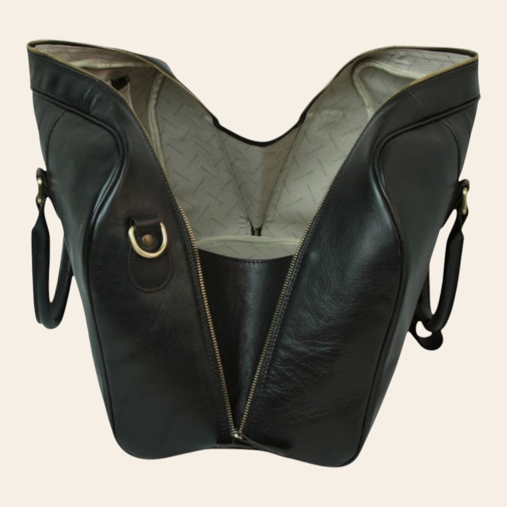 Borsone grande in pelle nera con zip frontale, manici e tracolla