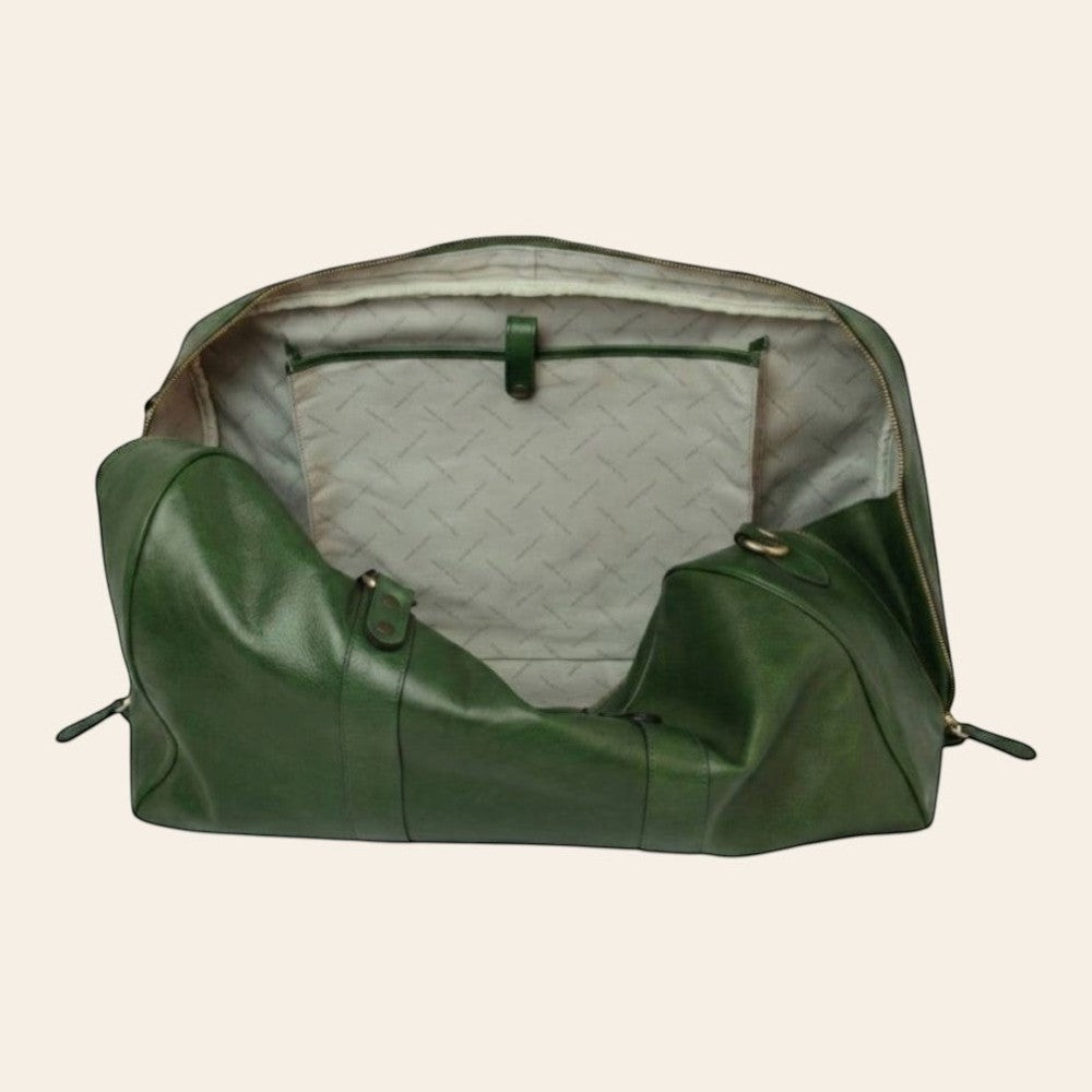 Borsone da viaggio grande in pelle verde con manici e tasca interna con zip