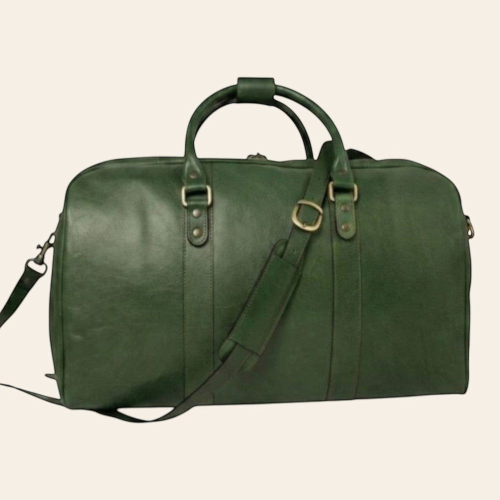 Borsone grande in pelle verde con manici doppi e tracolla, zip e fibbie in metallo