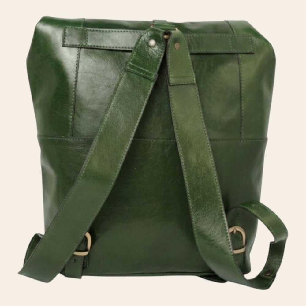 Zaino in pelle verde Old Angler con spallacci regolabili e chiusura anteriore