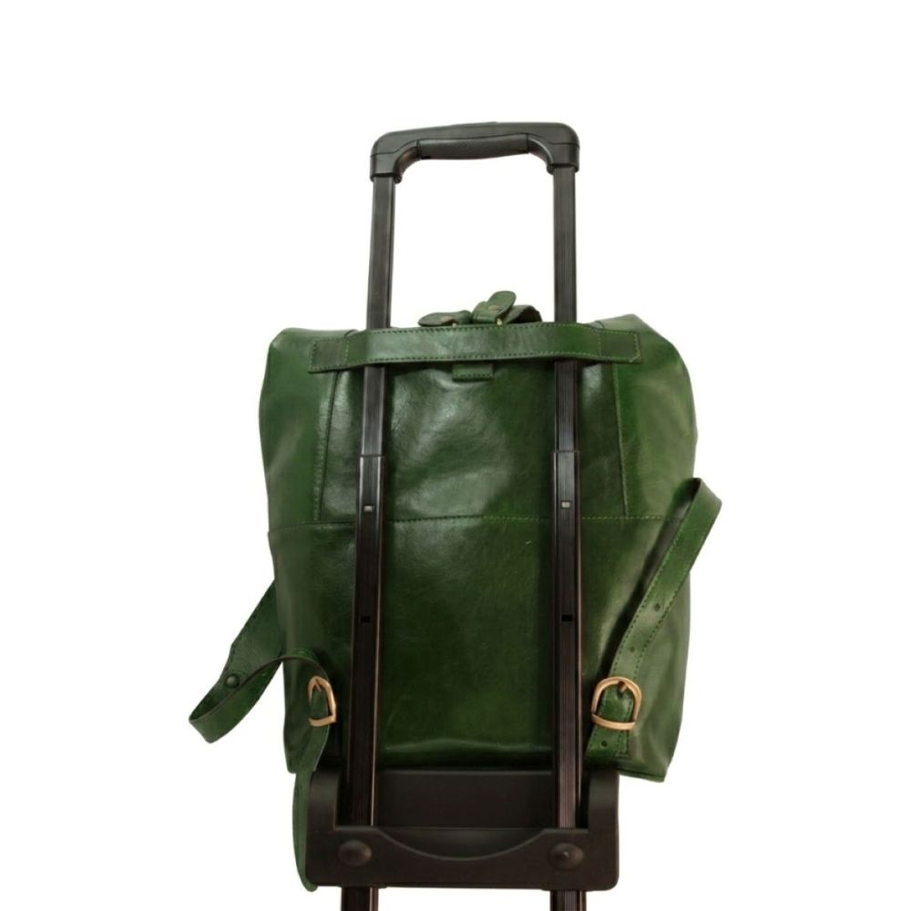 Zaino in pelle verde Old Angler con manico trolley e spallacci