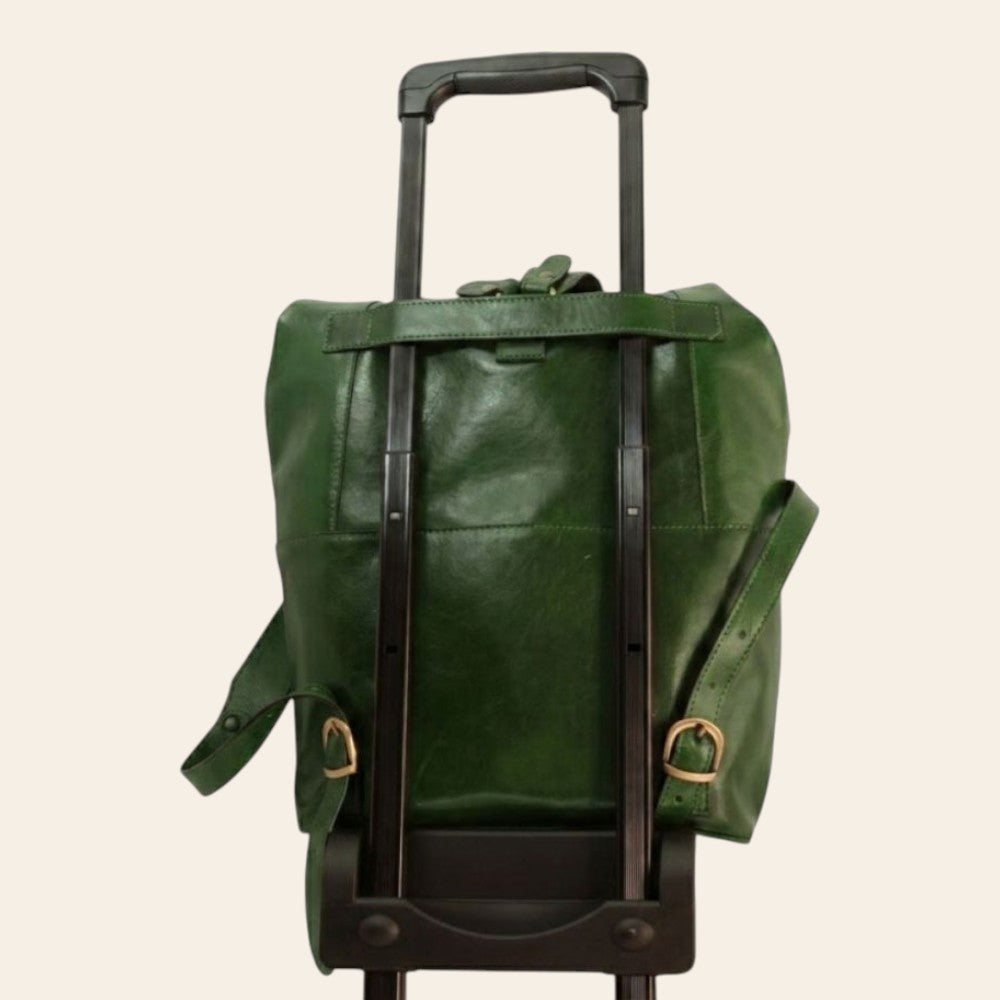 Zaino in pelle verde Old Angler con manico trolley e spallacci