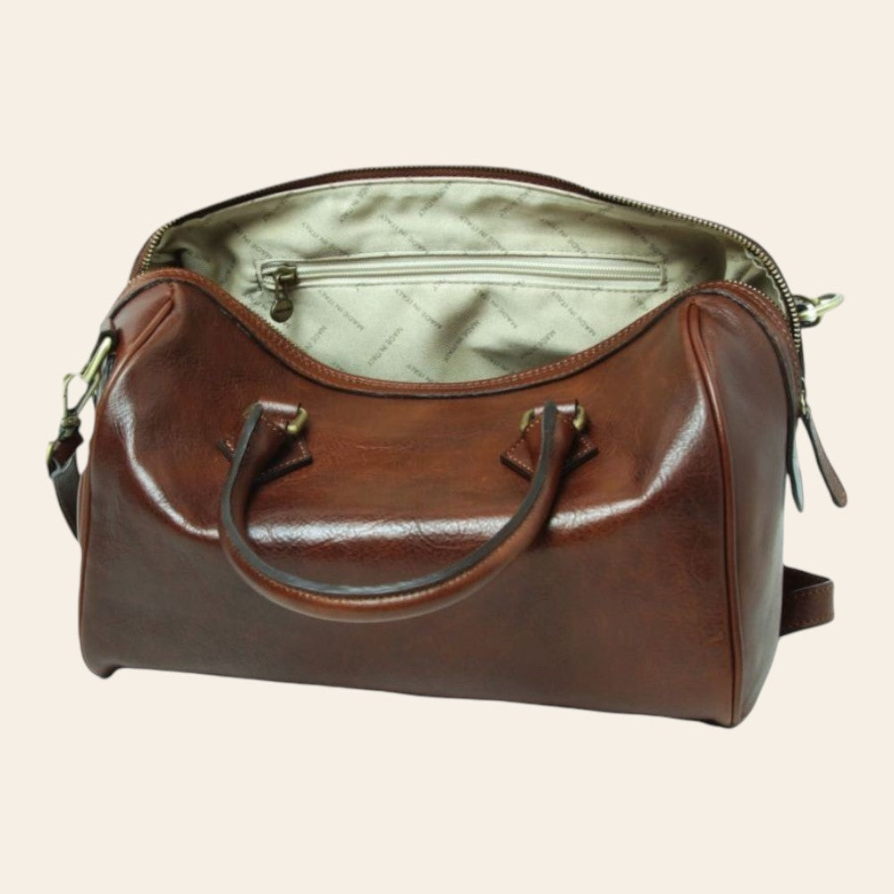 Bauletto Due Manici in Pelle di Vitello Pieno Fiore Artigianale Marrone - Old Angler