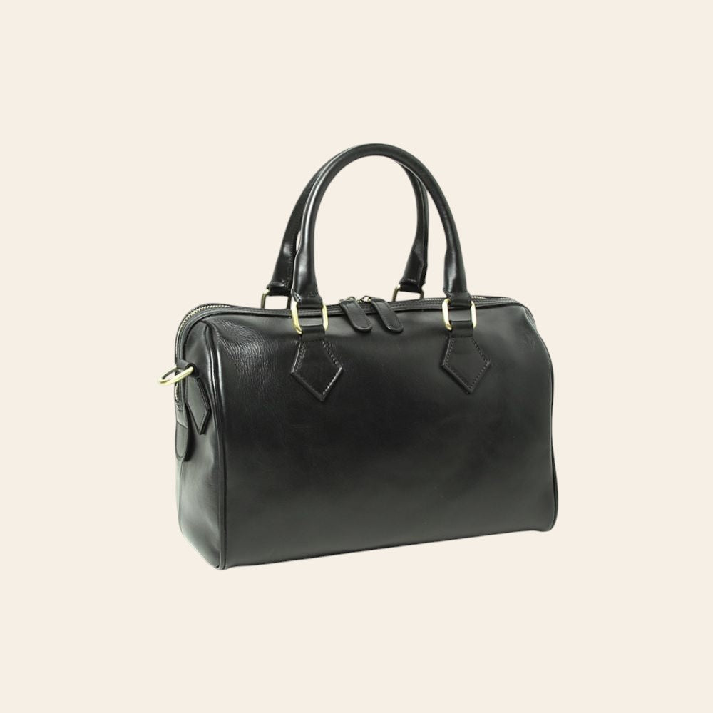Bauletto in pelle nera con manici doppi e tasche laterali, forma arrotondata