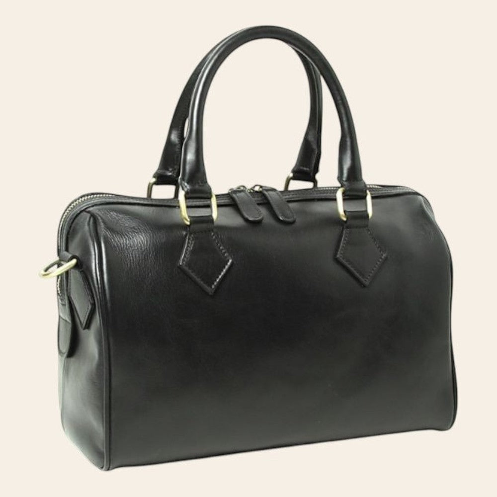 Bauletto in pelle nera con manici doppi e tasche laterali, forma arrotondata