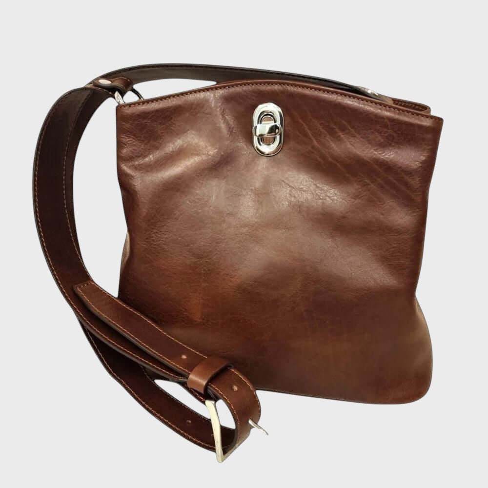 Borsa a secchiello in pelle pieno fiore marrone con tracolla e chiusura metallica
