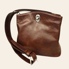 Borsa secchiello in pelle marrone scuro, tracolla con fibbia e passante