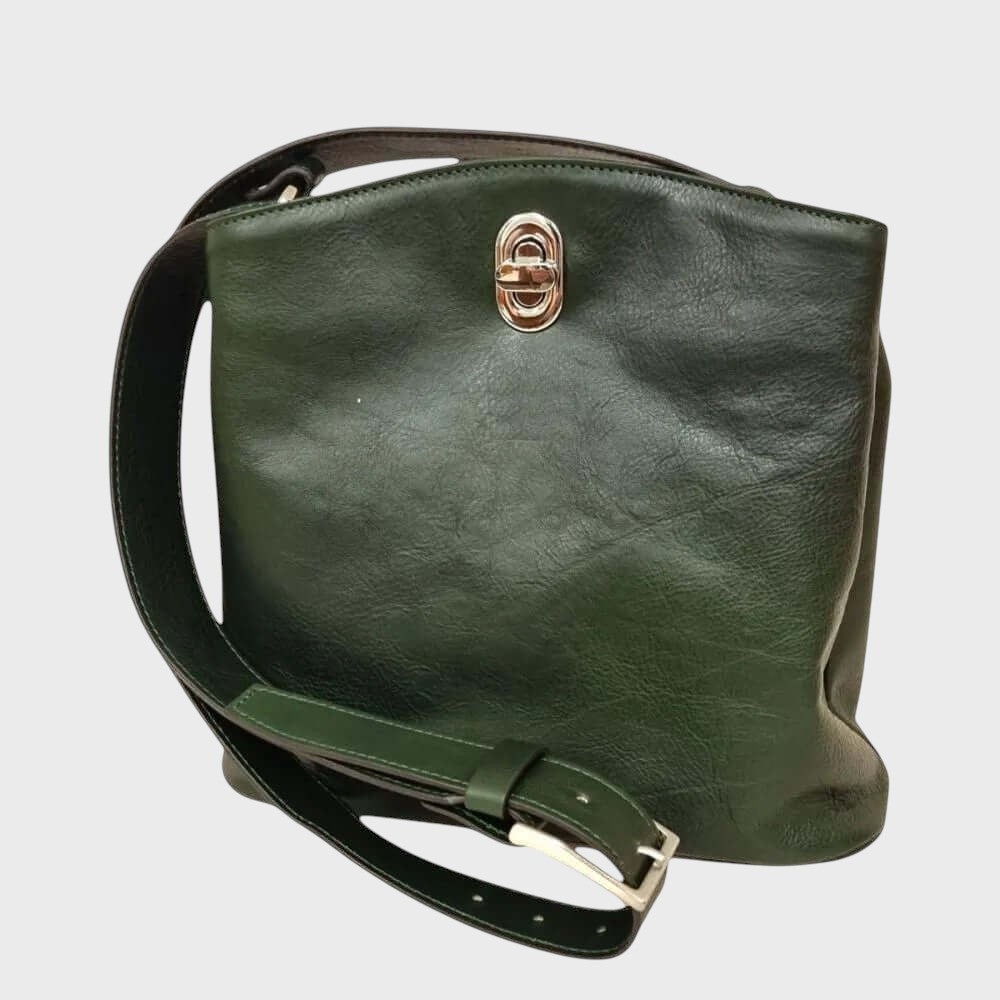 Borsa a secchiello in pelle pieno fiore verde con tracolla e chiusura metallica