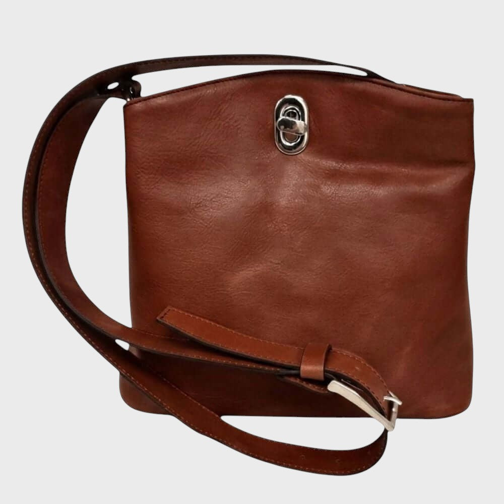 Borsa a secchiello in pelle pieno fiore marrone scuro con tracolla e fibbia metallica
