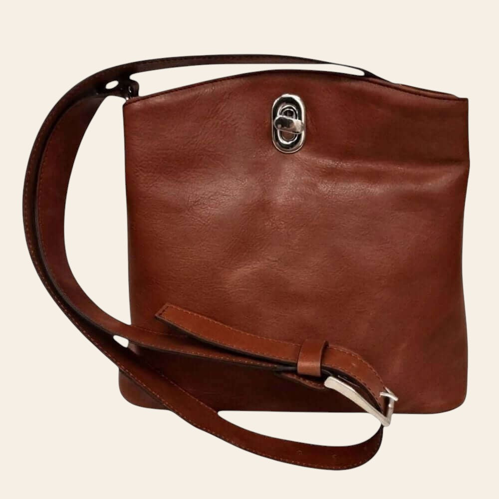 Borsa secchiello in pelle marrone, tracolla in cuoio con fibbia