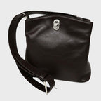 Borsa a secchiello in pelle pieno fiore nera con fibbia metallica e tracolla