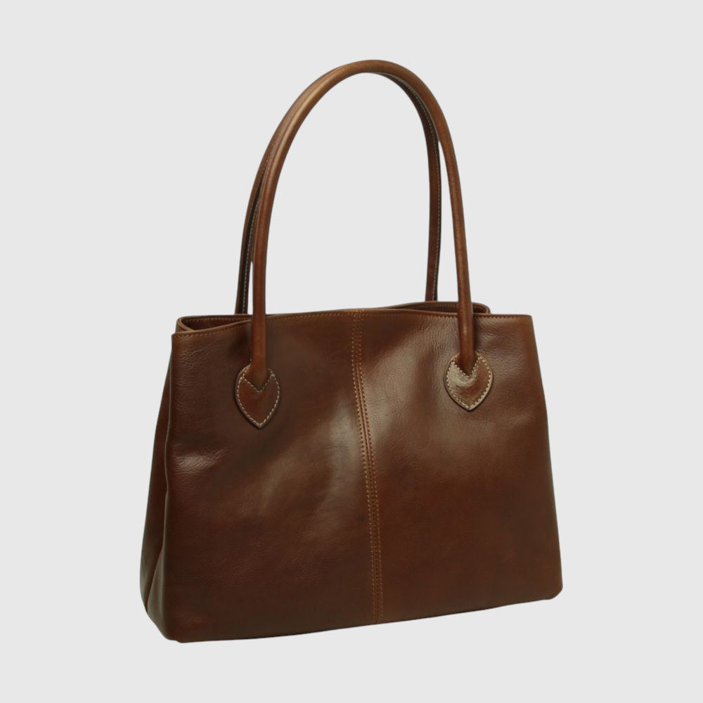 Borsa in pelle castagna bicolore con due manici e chiusura centrale