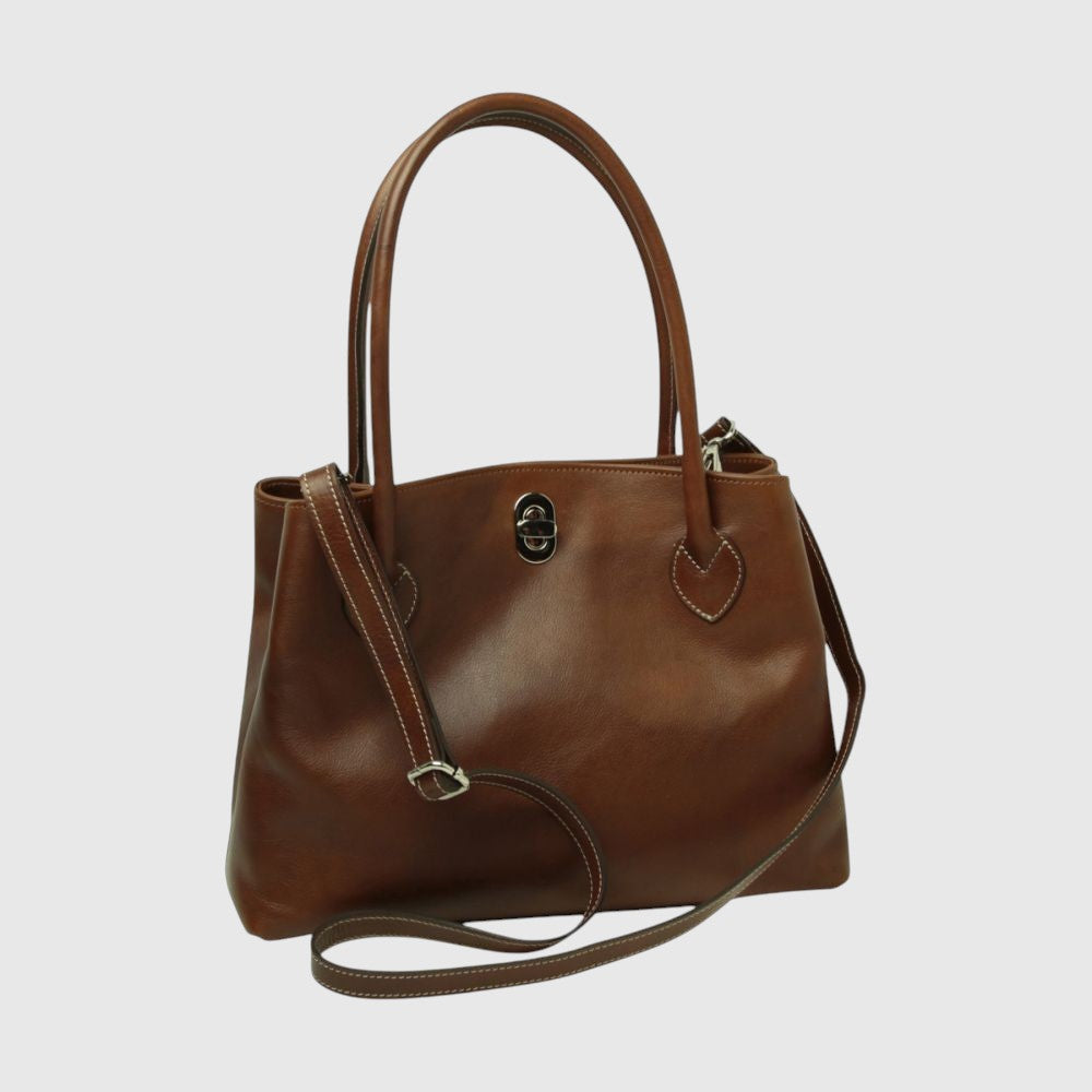 Borsa in pelle castagna bicolore con due manici e tracolla