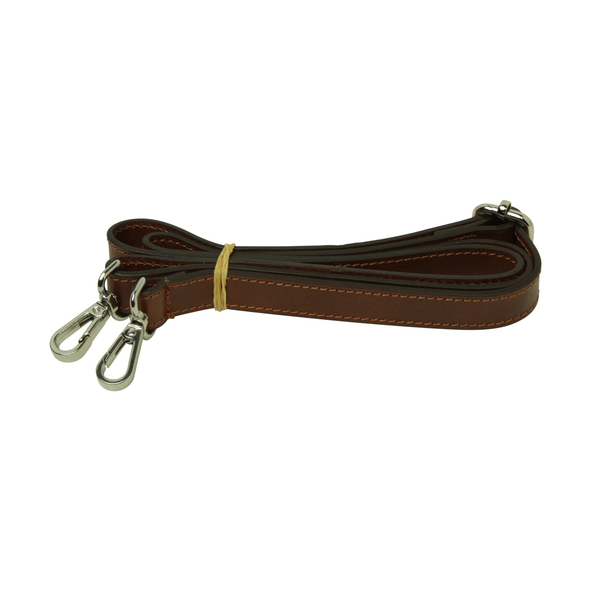 Cinghia in pelle marrone scuro con moschettoni e cuciture