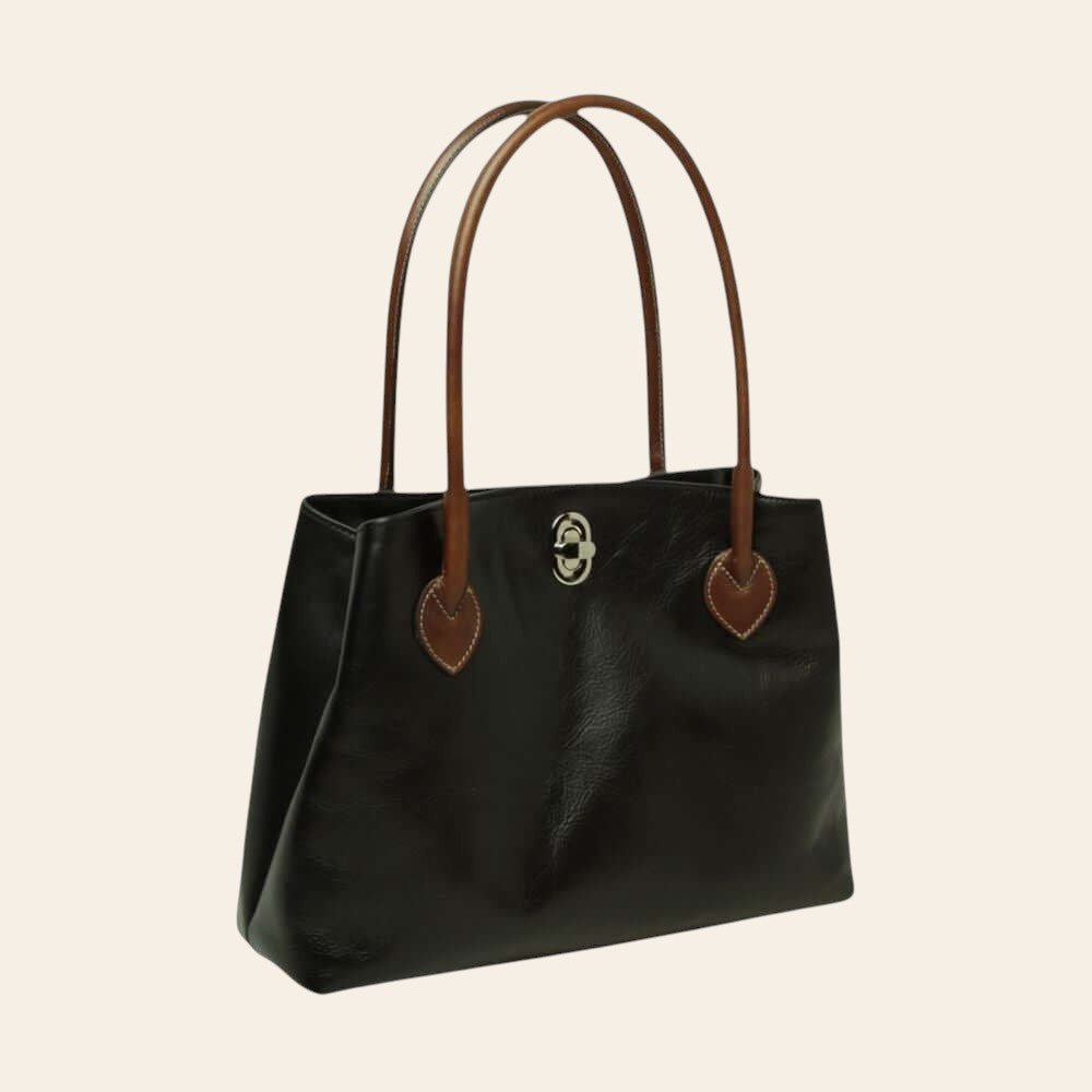 Borsa tote in pelle nera con due manici e chiusura centrale, inserti marroni
