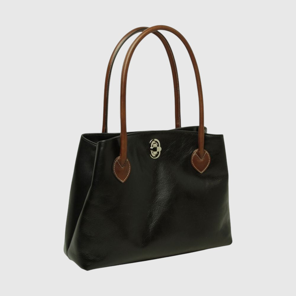 Borsa a Due Manici Bicolore in Pelle Nera | Pieno Fiore | Old Angler