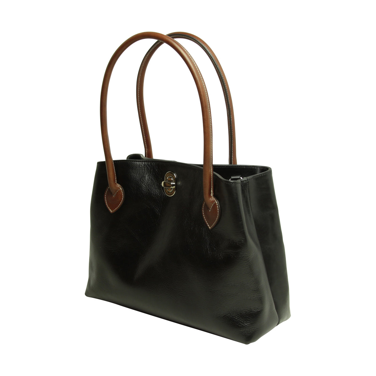 BORSA DA DONNA A DUE MANICI BICOLORE IN PELLE PIENO FIORE-NERO