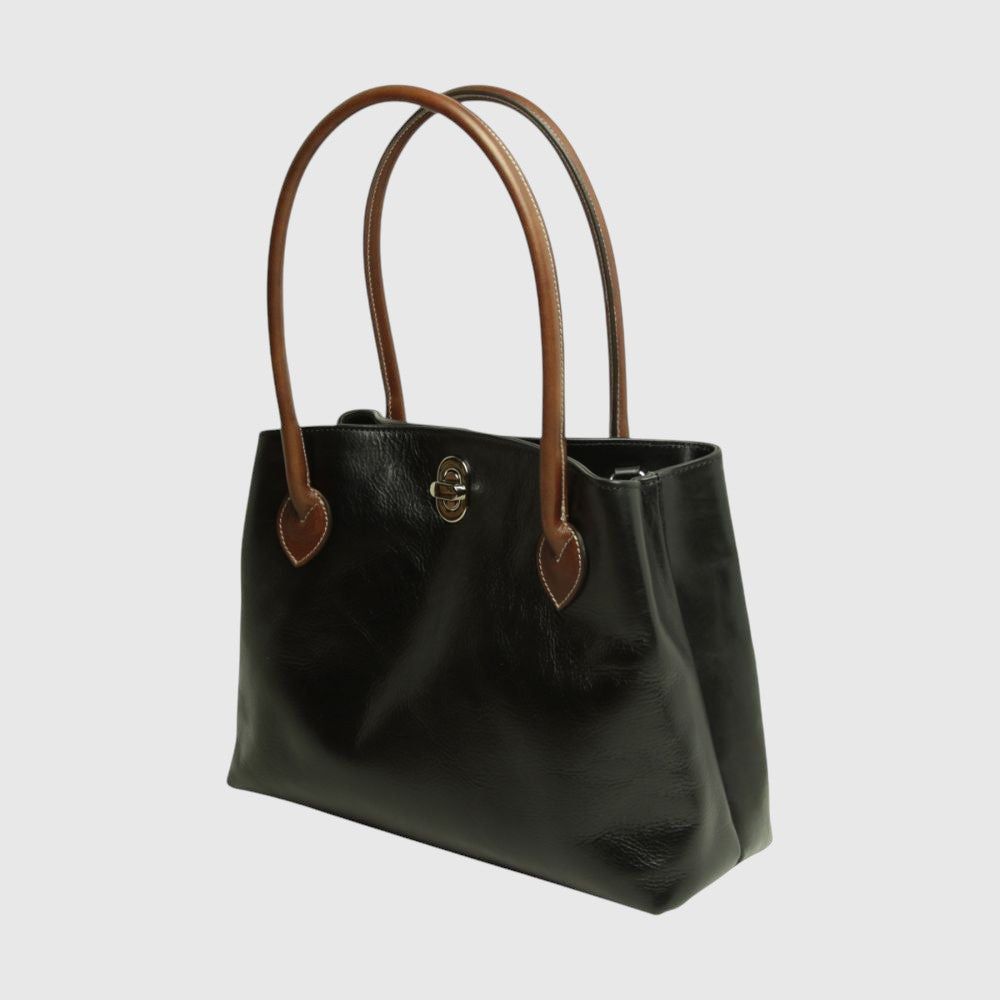 Borsa a Due Manici Bicolore in Pelle Nera - Old Angler