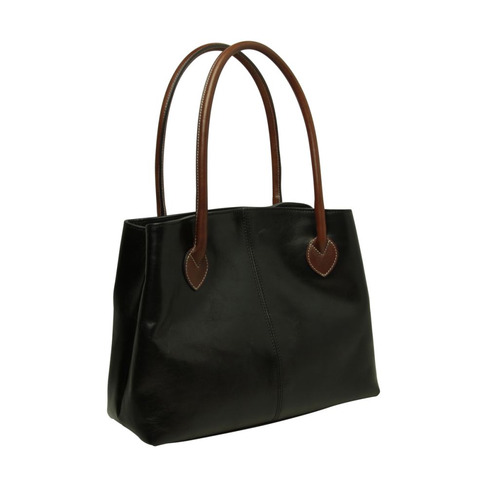 Women's Two-Handle Bicolor Full Grain Leather Bag - Black