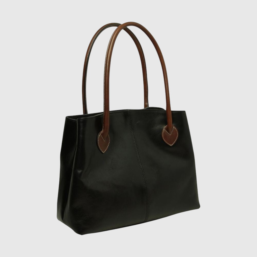Borsa a Due Manici Bicolore in Pelle Nera | Pieno Fiore | Old Angler