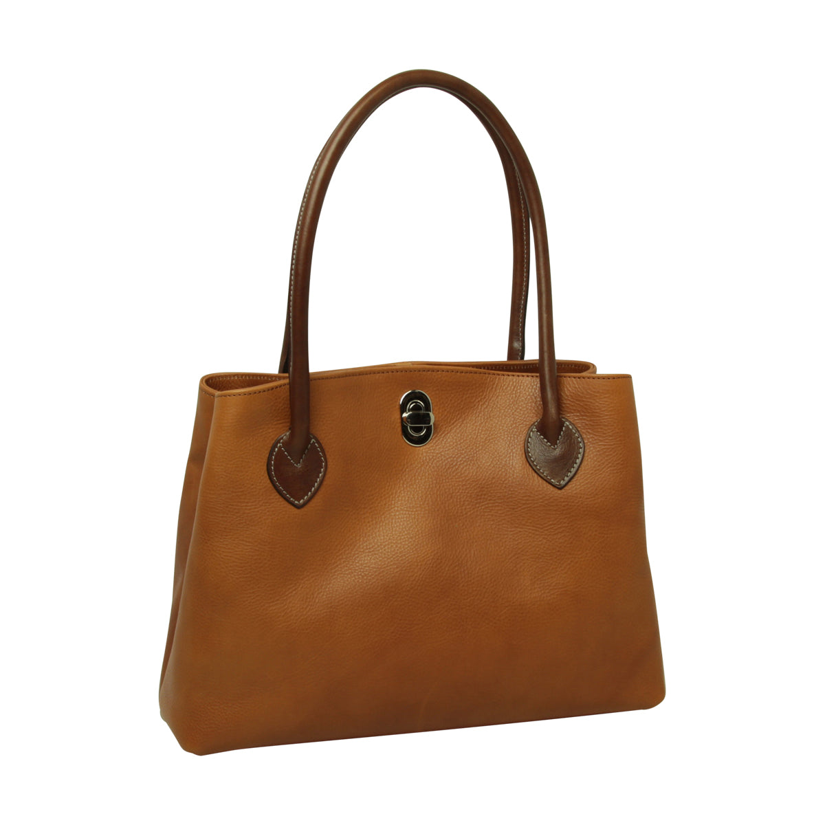 Borsa donna a due manici in pelle pieno fiore marrone, chiusura con bottone