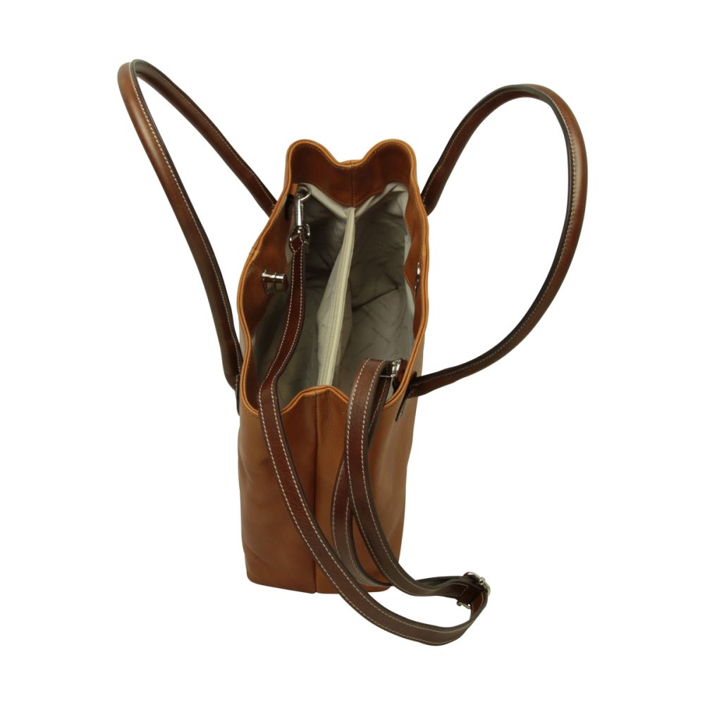 Borsa in pelle bicolore con coulisse e tracolla, vista dall’alto