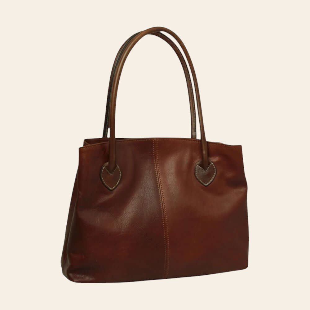 Borsa in pelle bicolore mogano con due manici e chiusura centrale a zip