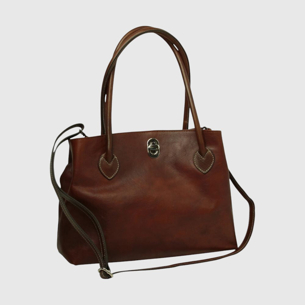 Borsa a Due Manici Bicolore in Pelle Mogano | Pieno Fiore | Old Angler