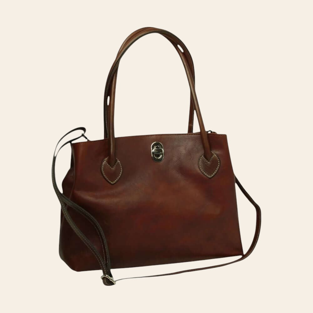 Borsa in pelle mogano bicolore con due manici, chiusura lampo e tracolla staccabile