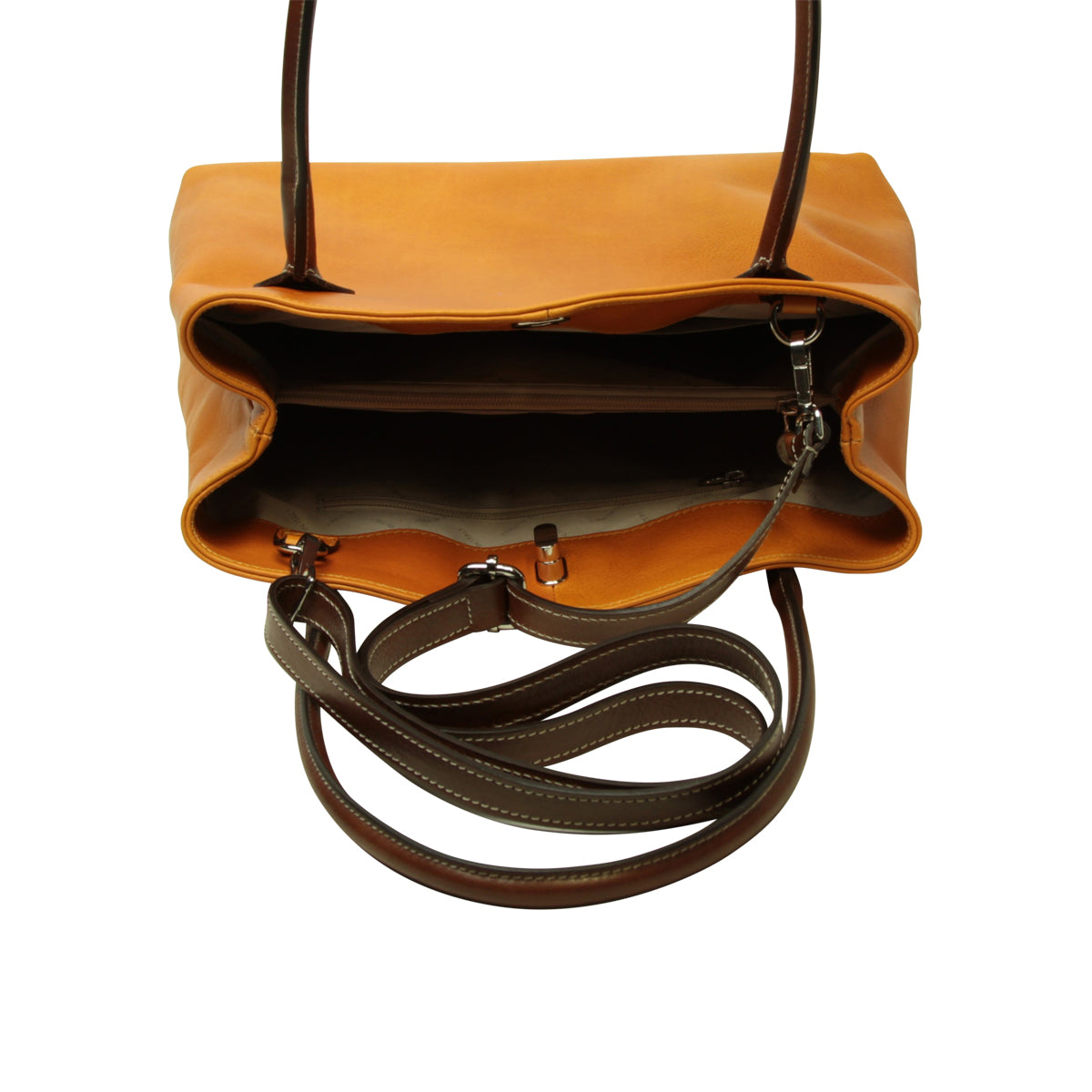 Borsa in pelle ocra aperta con tasca interna e tracolla