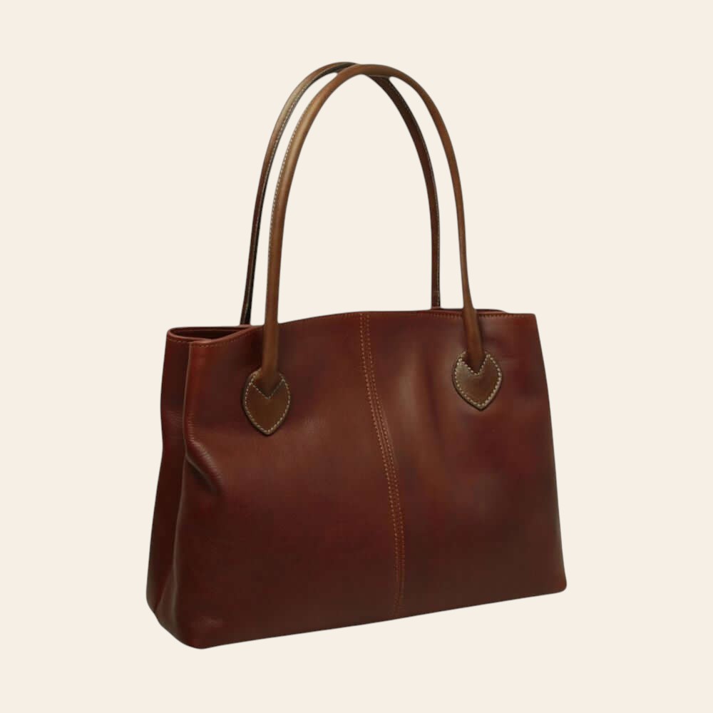 Borsa in pelle bicolore con due manici e cuciture centrali, tasca frontale