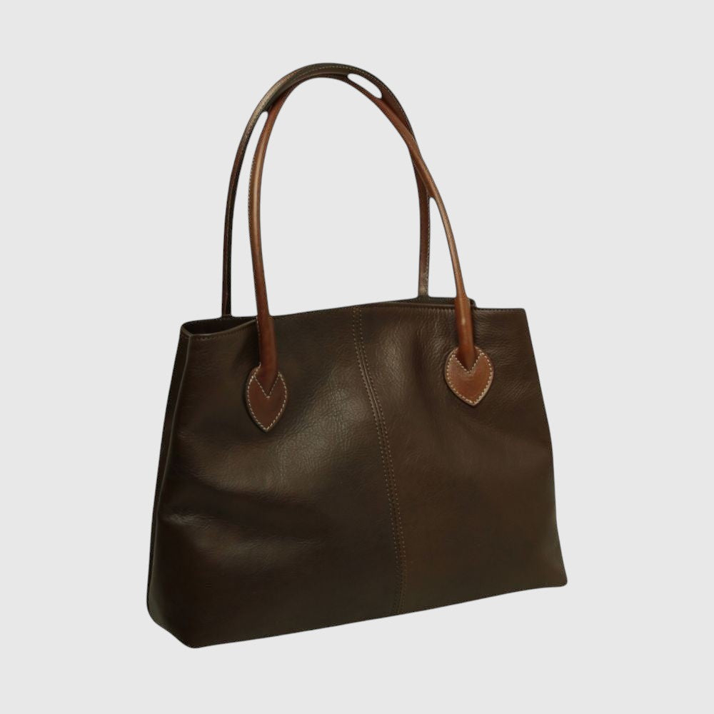 Borsa tote in pelle marrone scuro con due manici a goccia e cuciture decorative
