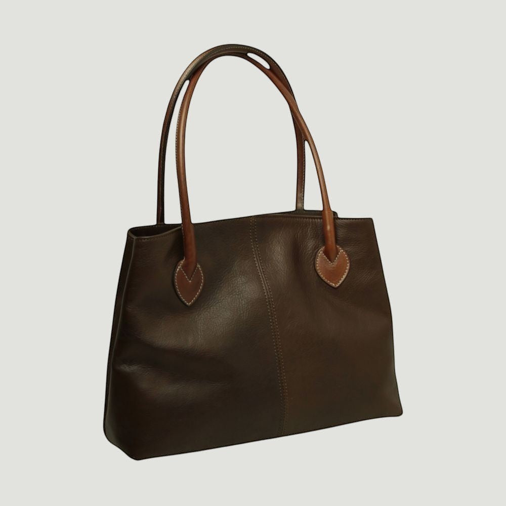 Borsa tote in pelle marrone scuro con due manici a goccia e cuciture decorative