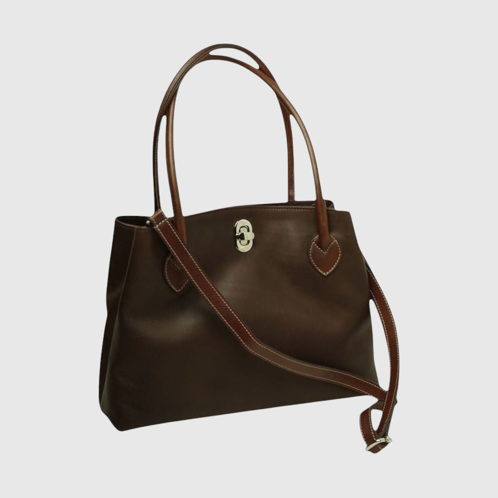 Borsa tote in pelle marrone scuro con due manici e tracolla con fibbia