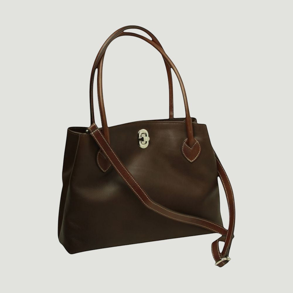 Borsa tote in pelle marrone scuro con due manici e tracolla con fibbia