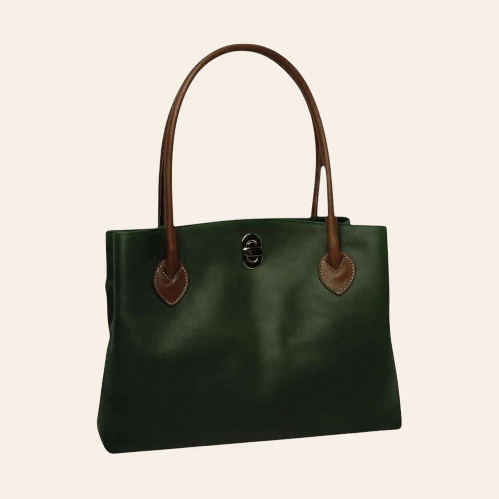 Borsa in pelle bicolore verde e marrone, due manici, chiusura con bottone
